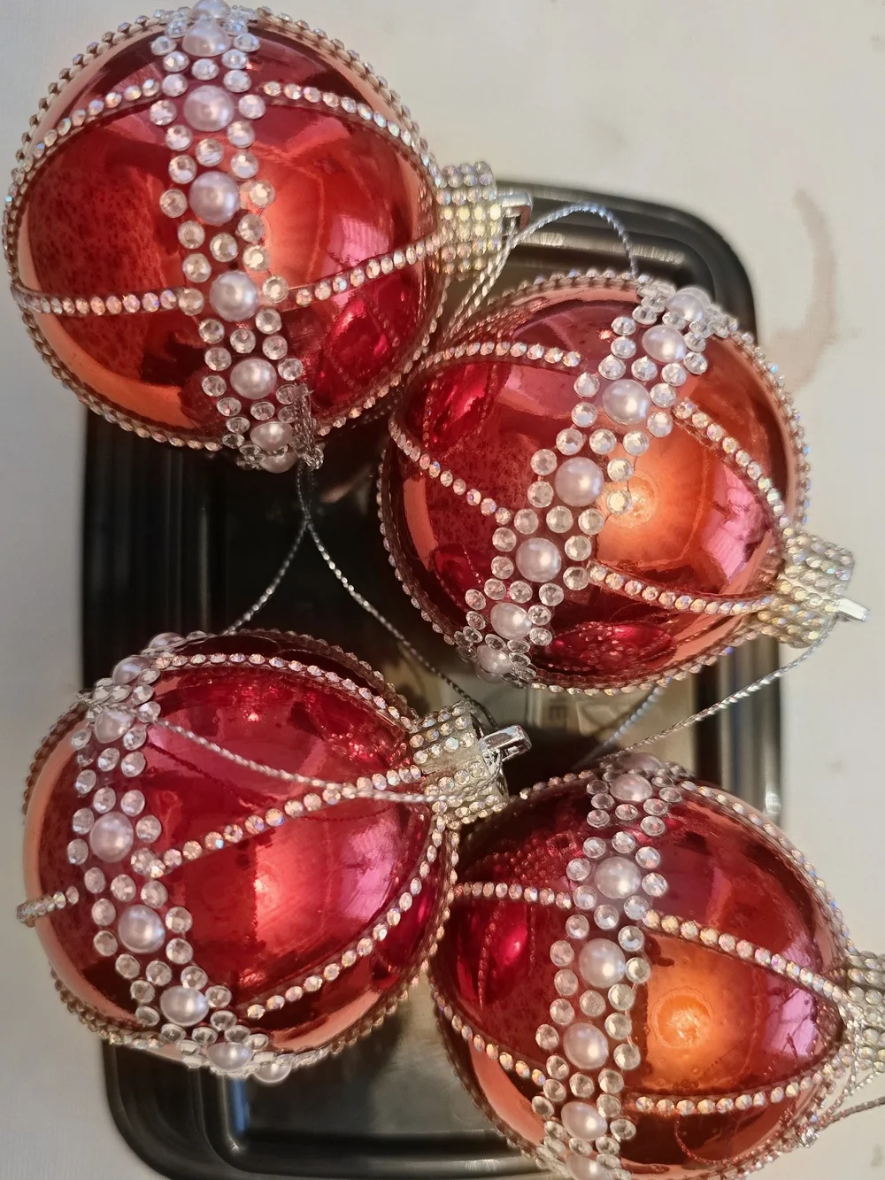 Red Beaded Holiday Ornament Set - Decorative Christmas New 4 Piece 2.6 Inch